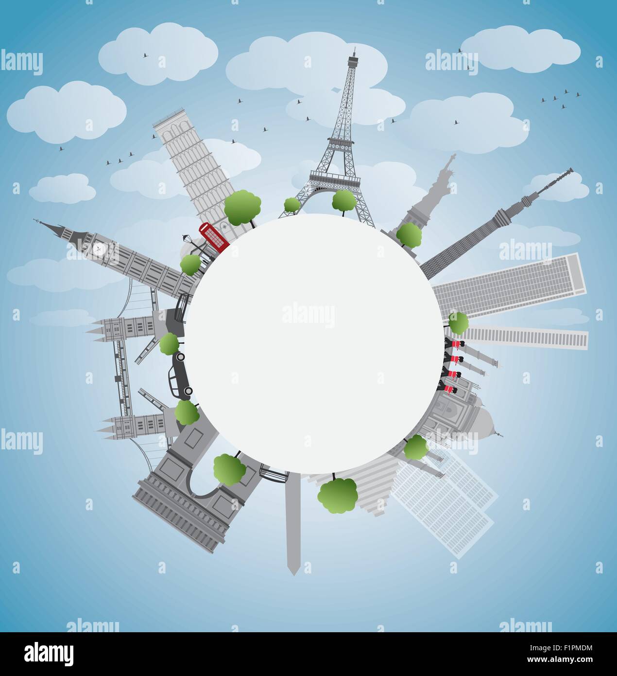 Berühmte Denkmäler und Sehenswürdigkeiten auf der ganzen Welt. Vektor-Illustration mit Textfreiraum Stock Vektor