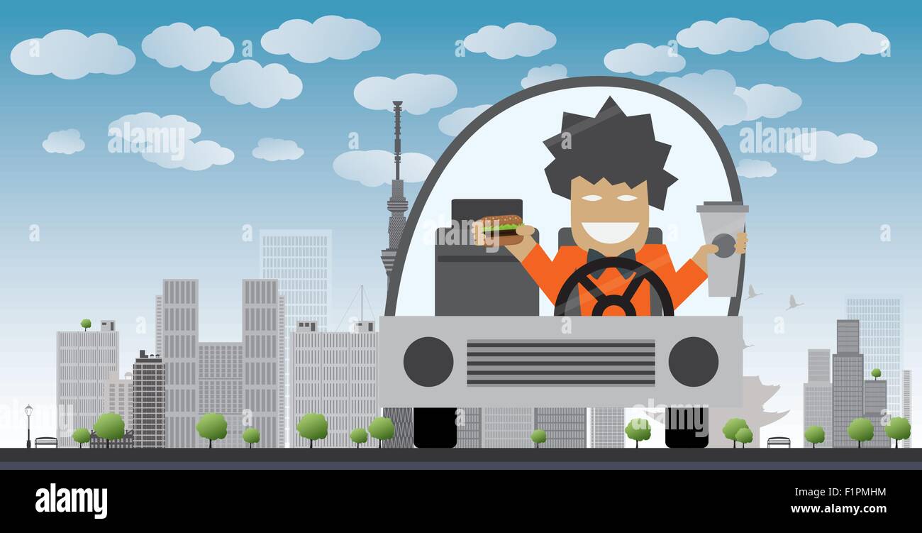 Man Fahrt und Essen in einem Auto Vektor-illustration Stock Vektor