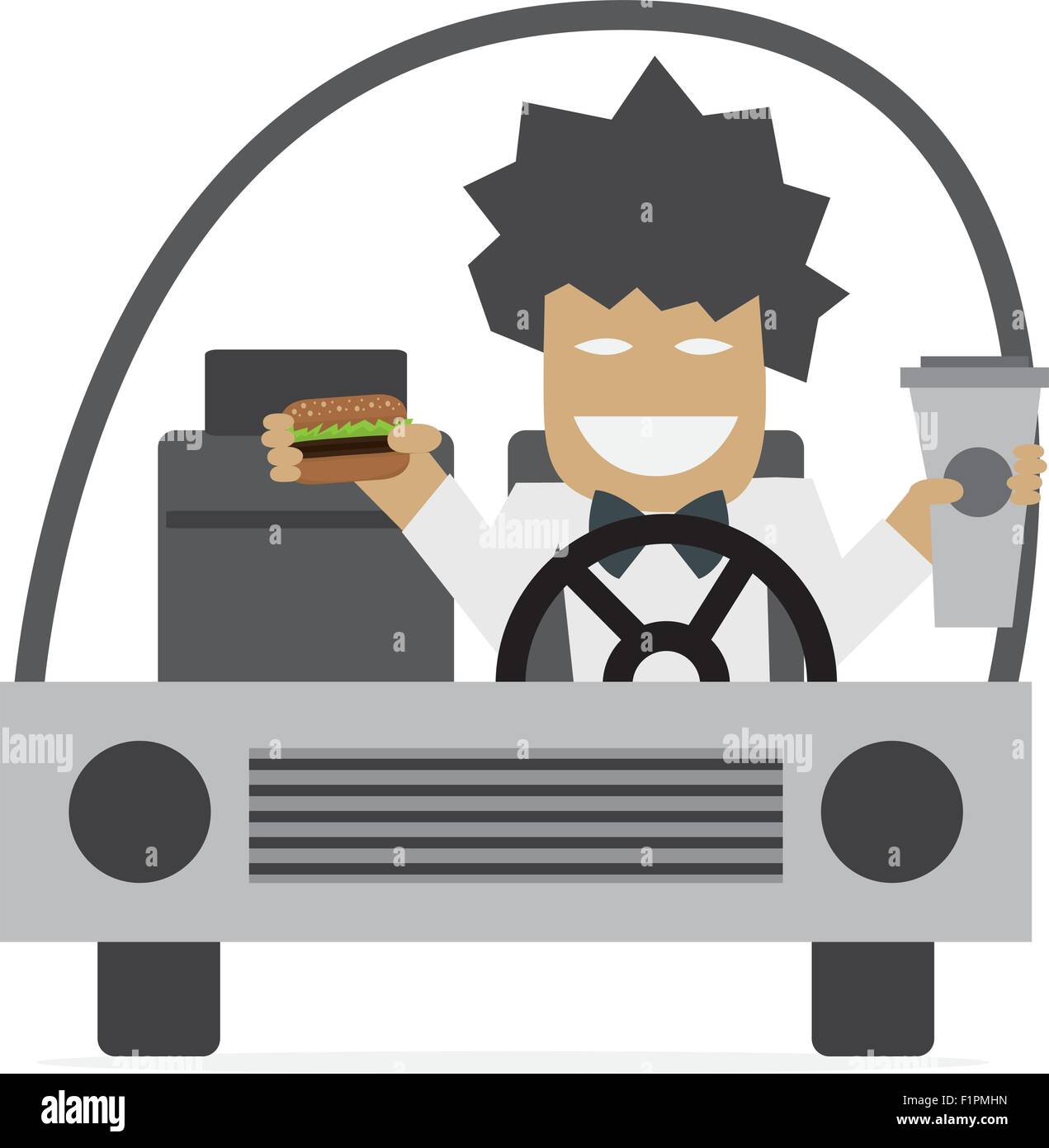 Mann fahren und Burger Essen und trinken Kaffee-Vektor-illustration Stock Vektor