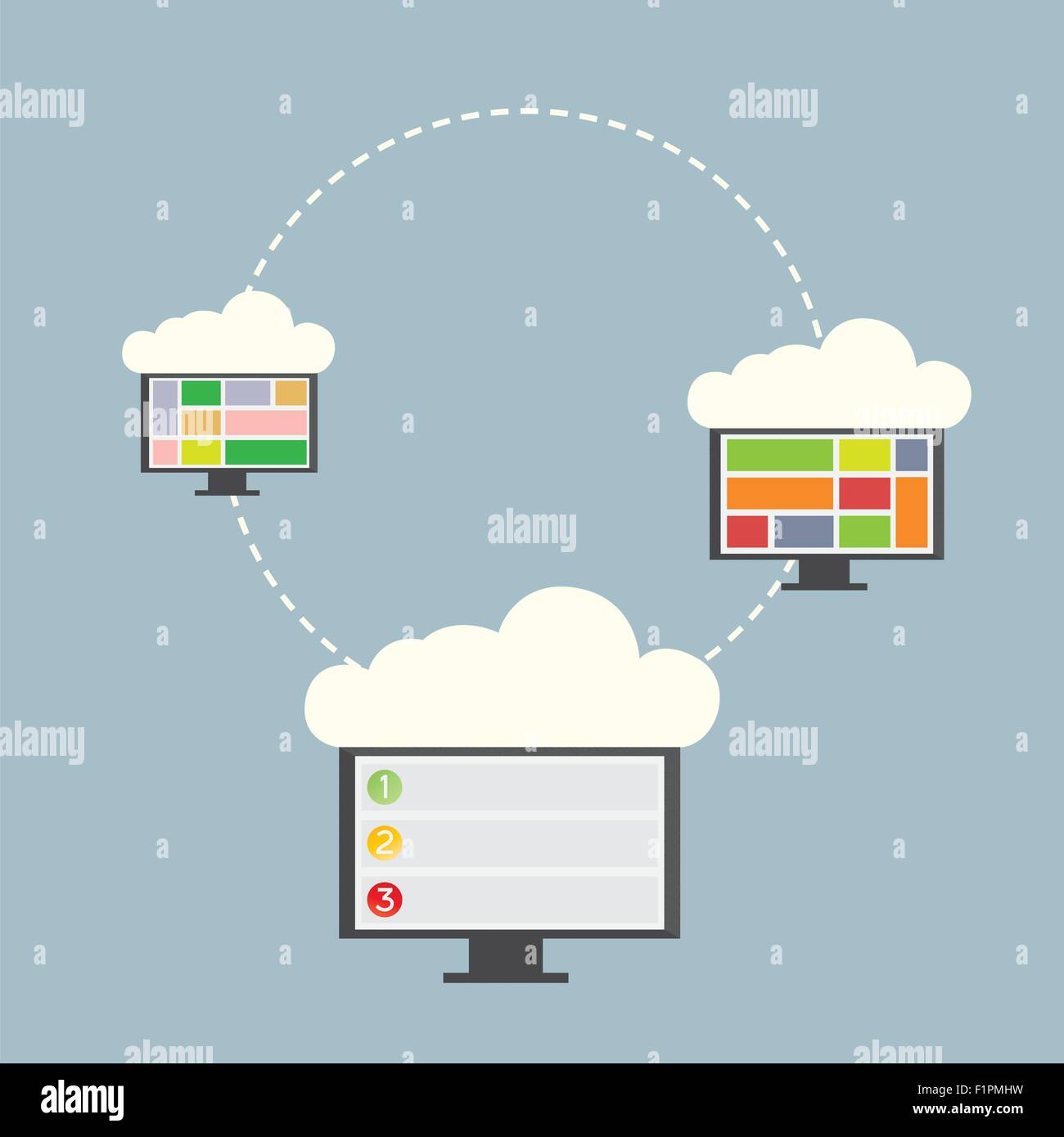 Drei Computer mit Wolken. Konzept geht hervor, dass jeder Benutzer des pc eigene Cloud-Dienste nutzen Stock Vektor