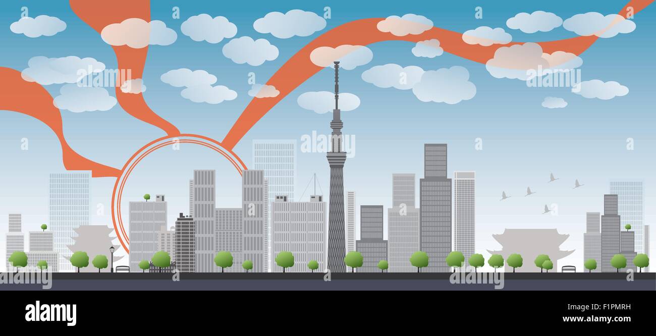 Tokioter Skyline mit Wolkenkratzern und Sonne Vektor-illustration Stock Vektor