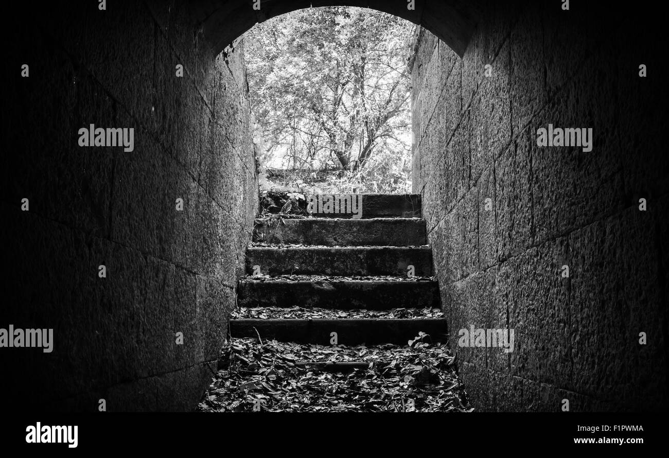 Ausfahrt mit Treppe aus dunklen verlassenen konkrete Tunnel Innenraum Stockfoto