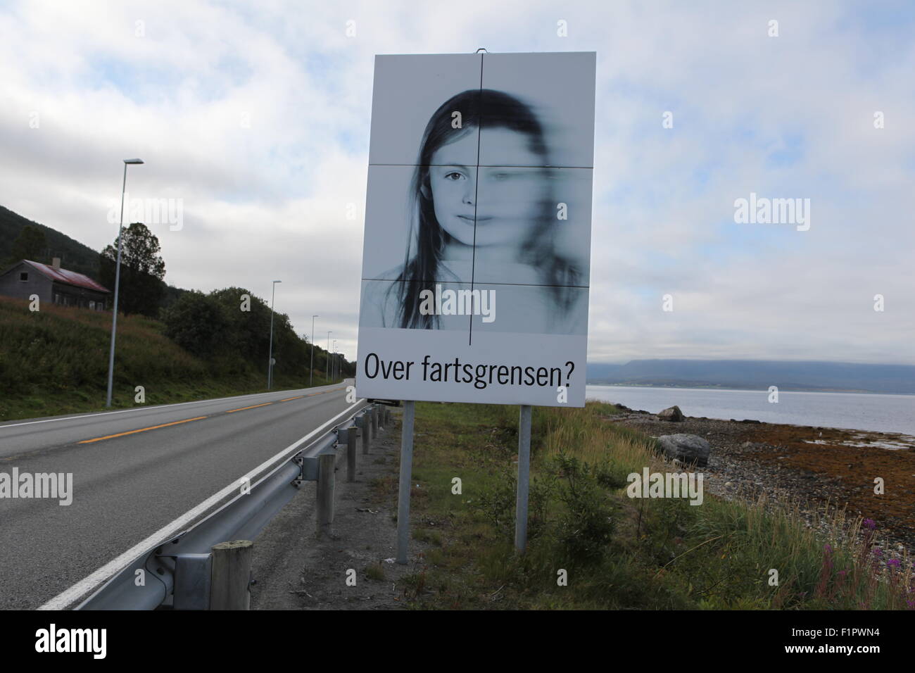 Müdigkeit-Schild in der Nähe von Tromsø, Troms, Norwegen, Lappland Stockfoto