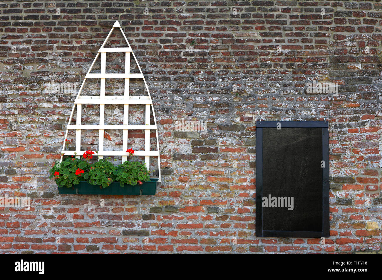 Tafel-Menü mit Mauer und Blumen Stockfoto