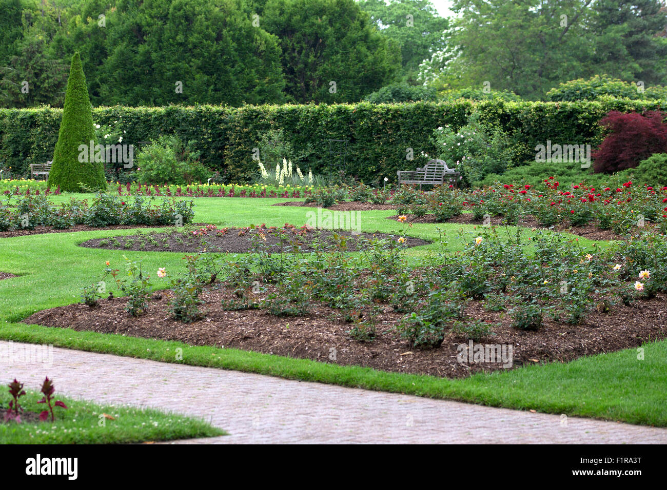 Schöner Blick auf den Garten mit Blumenbeeten, Hecken, Rasen und Weg Stockfoto