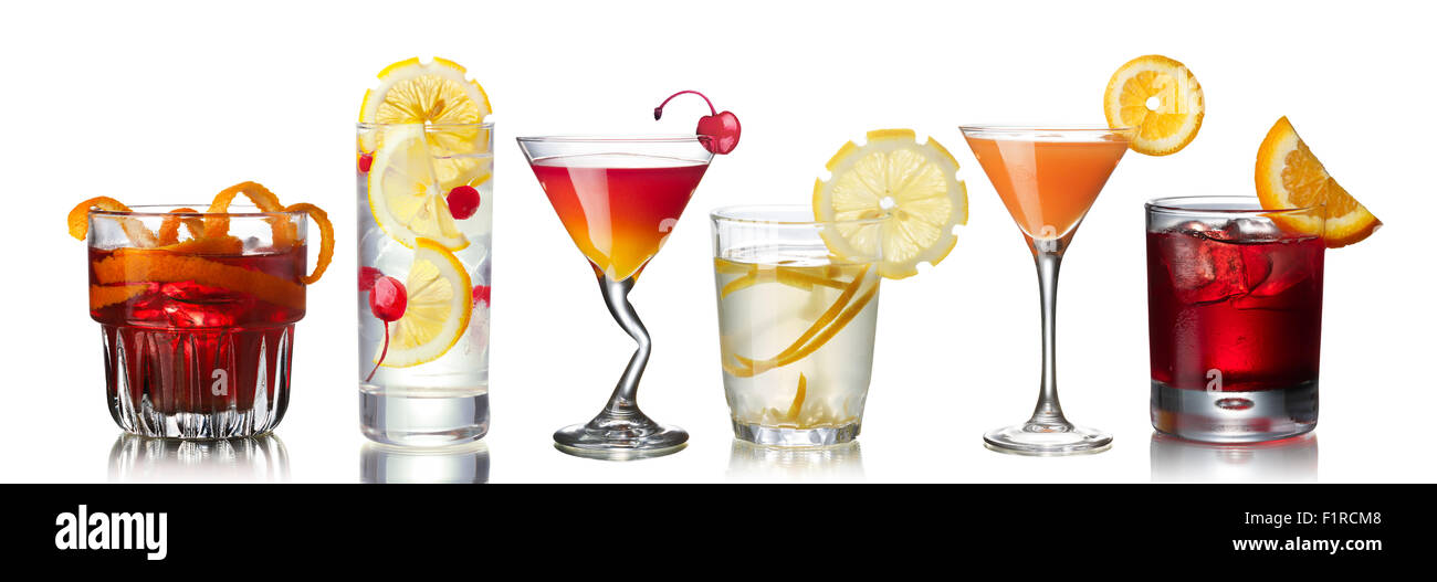 Satz der offiziellen IBA-Cocktails: Negroni, John Collins, Mary Pickford, Gin Fizz, Monkey Gland Stockfoto