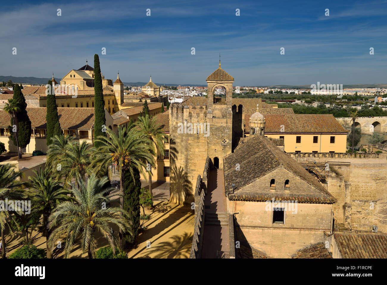 Blick auf Tower Hommage und Cordoba Kathedrale Moschee vom Turm des Löwen Alcazar Stockfoto
