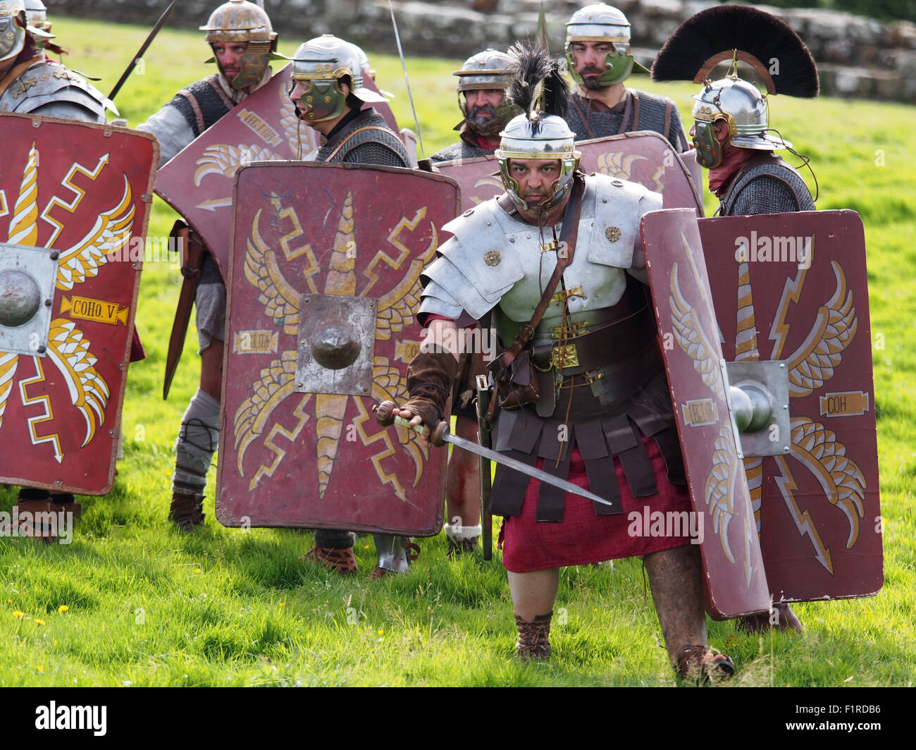 Birdoswald Fort, England, UK. 5. Sep, 2015: italienische Gruppe "Legio I Italica" führen Sie Re-Enactments Schlachten zwischen eine römische Legion und eine Gruppe von Barbaren am Hadrianswall in Nordengland. Bildnachweis: AC Bilder/Alamy Live-Nachrichten Stockfoto