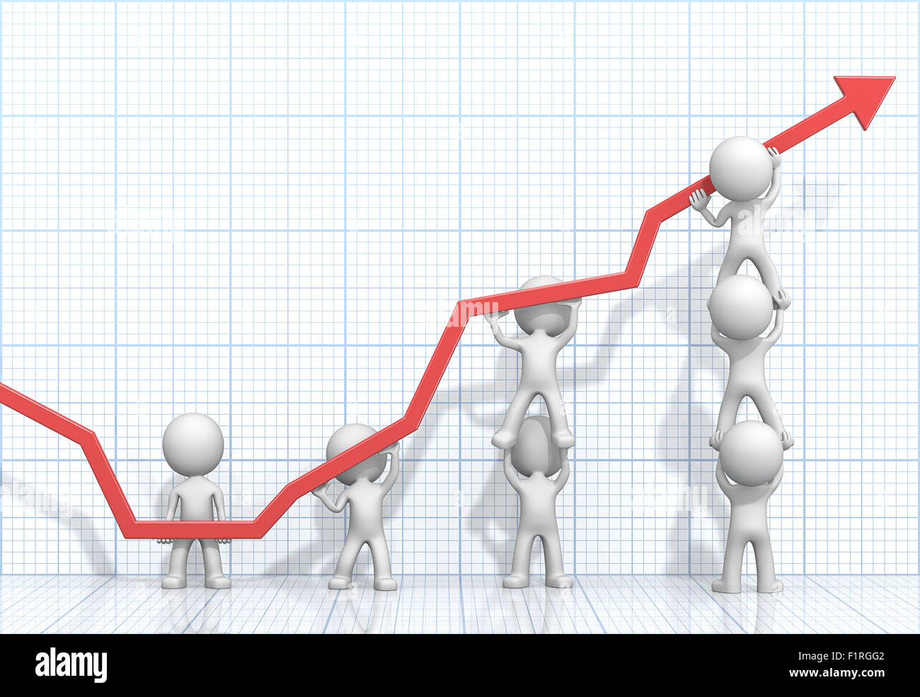 Dude 3D-Charaktere X7 Geschäftsleute rote Graph hochdrücken. Hellblauen 3D Rasterhintergrund. Stockfoto