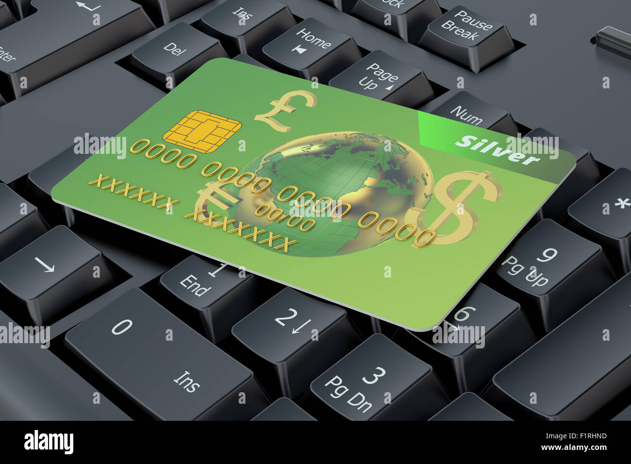 Online-Payment-Konzept, Kreditkarte auf einer Computertastatur Stockfoto