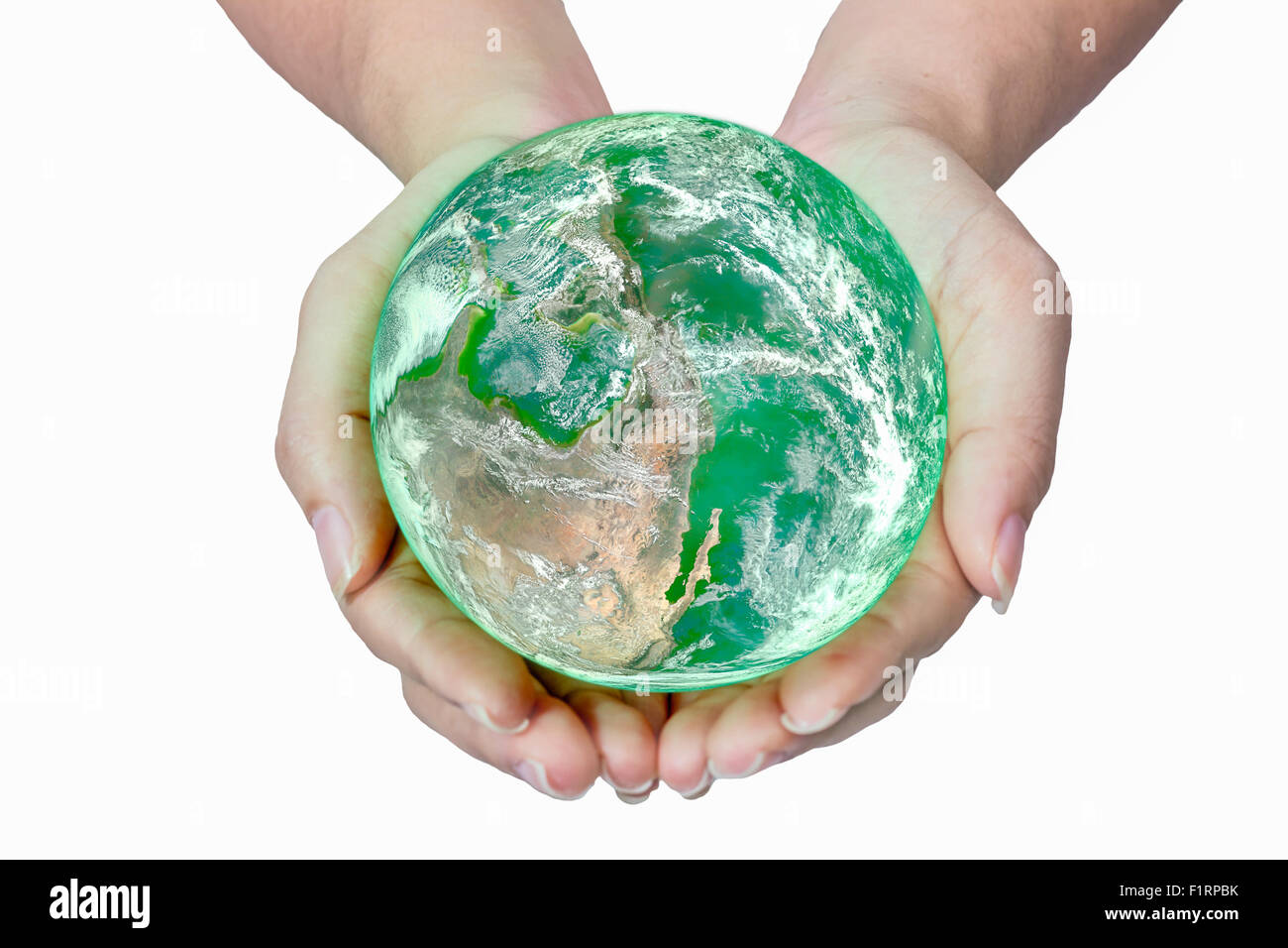 Frau mit Globus auf ihren Händen, Elemente des Bildes von der NASA eingerichtet Stockfoto