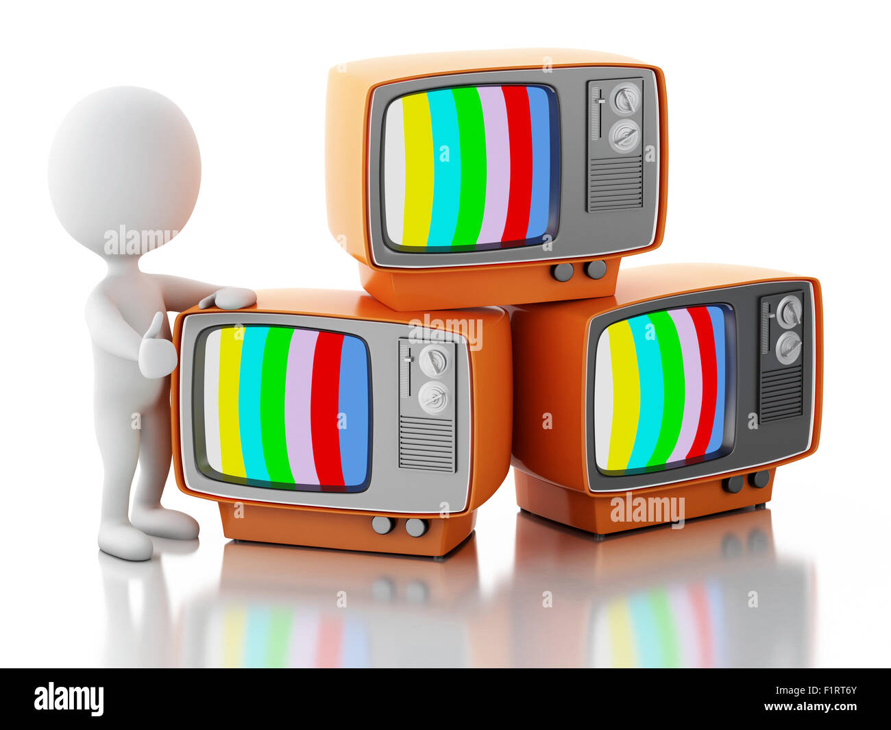 3D Renderer Bild. Weiße Leute mit Stapeln von Retro-TV-Gerät. Isolierten weißen Hintergrund Stockfoto