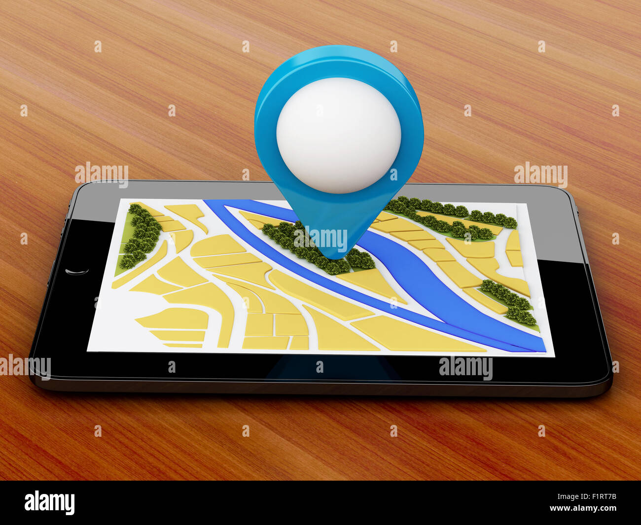 3D Renderer Bild. Tabletpc mit Navigator Karte und Zeiger Markierung auf Stadt. GPSSatelliten