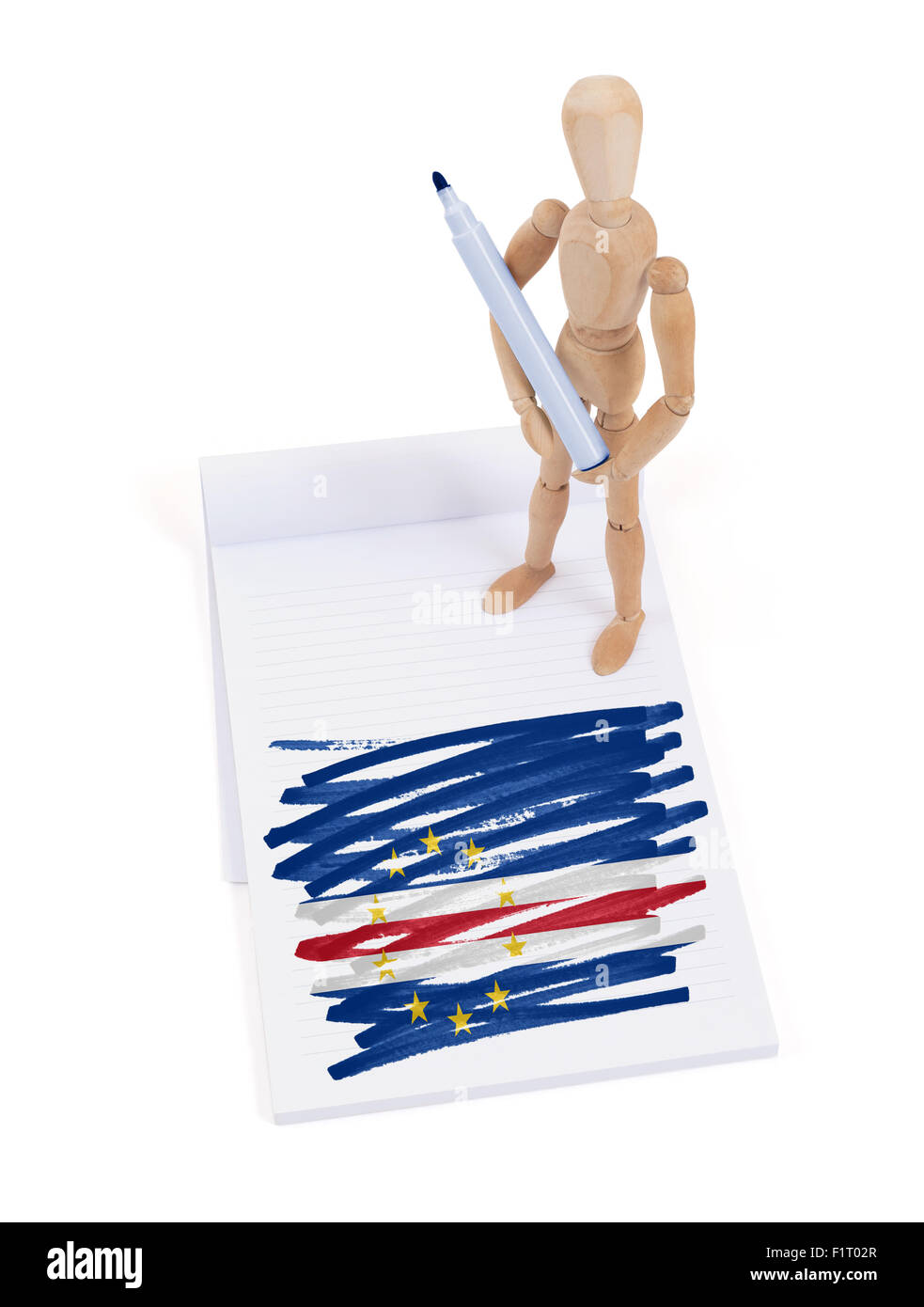 Hölzerne Puppe gemacht eine Zeichnung einer Flagge - Kap Verde Stockfoto