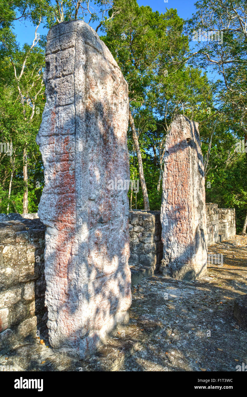 Stela 24 auf Recht und Stele 23 auf der linken Seite, auf der Struktur VI, Maya-Ausgrabungsstätte Calakmul, UNESCO, Campeche, Mexiko Stockfoto