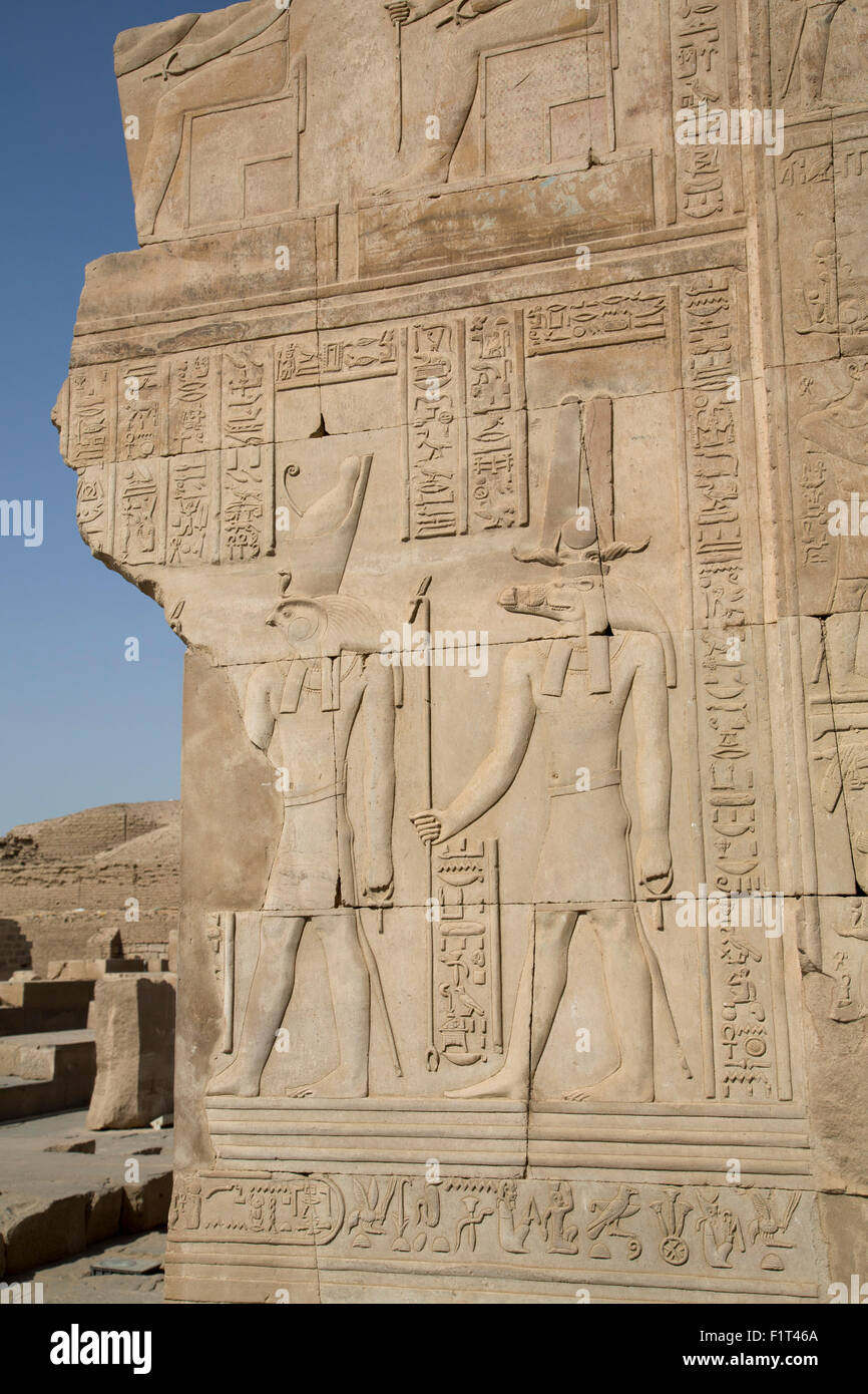 Basrelief der Götter Sobek rechts und Horus links, Tempel von Haroeris und Sobek, Kom Ombo, Ägypten, Nordafrika, Afrika Stockfoto