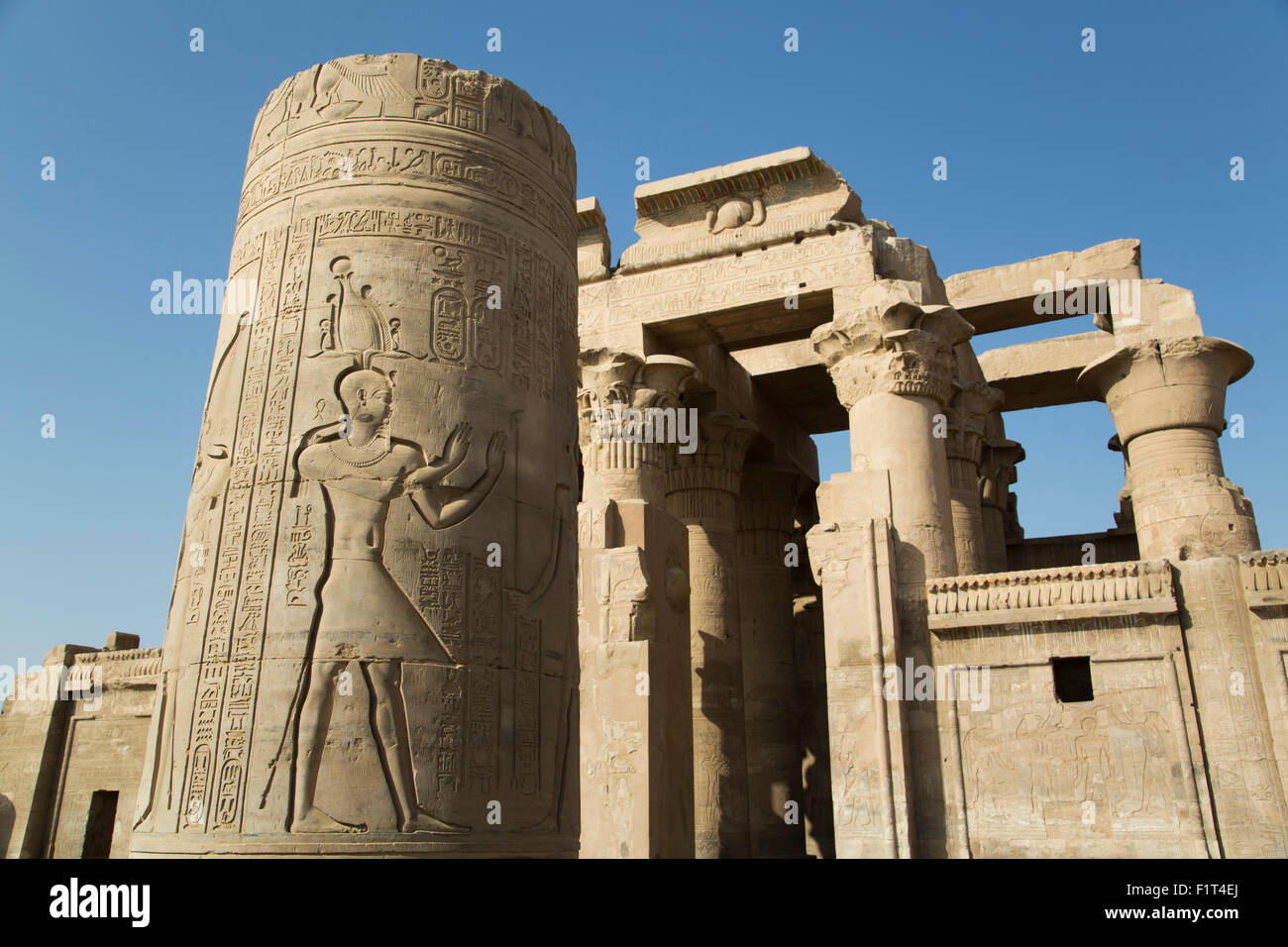 Säule mit Relief, Vorplatz, Tempel von Haroeris und Sobek, Kom Ombo, Ägypten, Nordafrika, Afrika Stockfoto