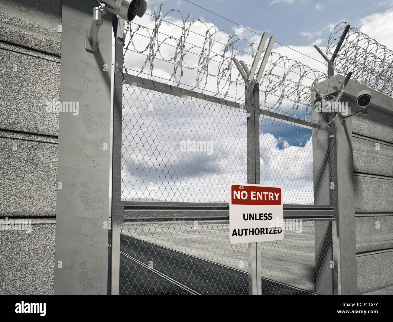 3D Bild von Sicherheit Grenztor Linie mit Stacheldraht Stockfoto