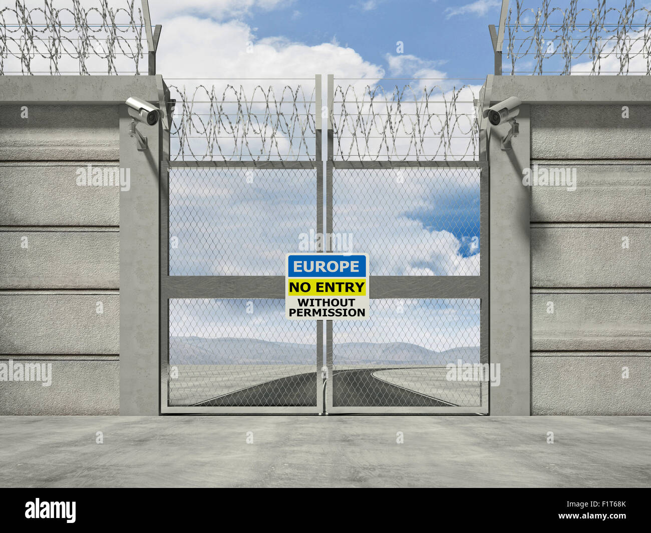 3D Bild von Sicherheit Grenztor Linie mit Stacheldraht Stockfoto