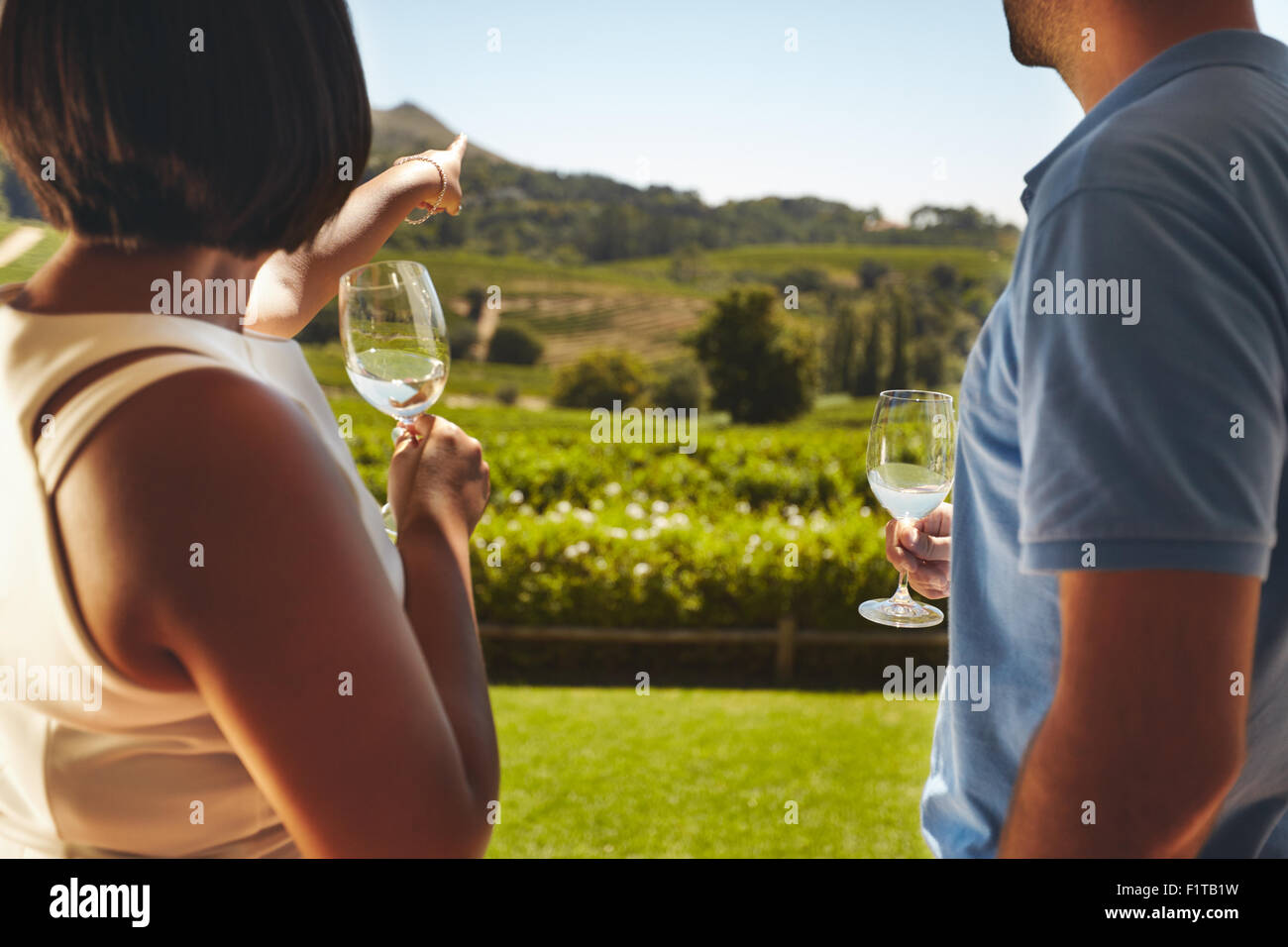 Junges Paar im Urlaub mit einem Glas Wein, mit Frau zeigt entfernt am Weinberg, zeigen etwas zu ihrem Freund. Stockfoto
