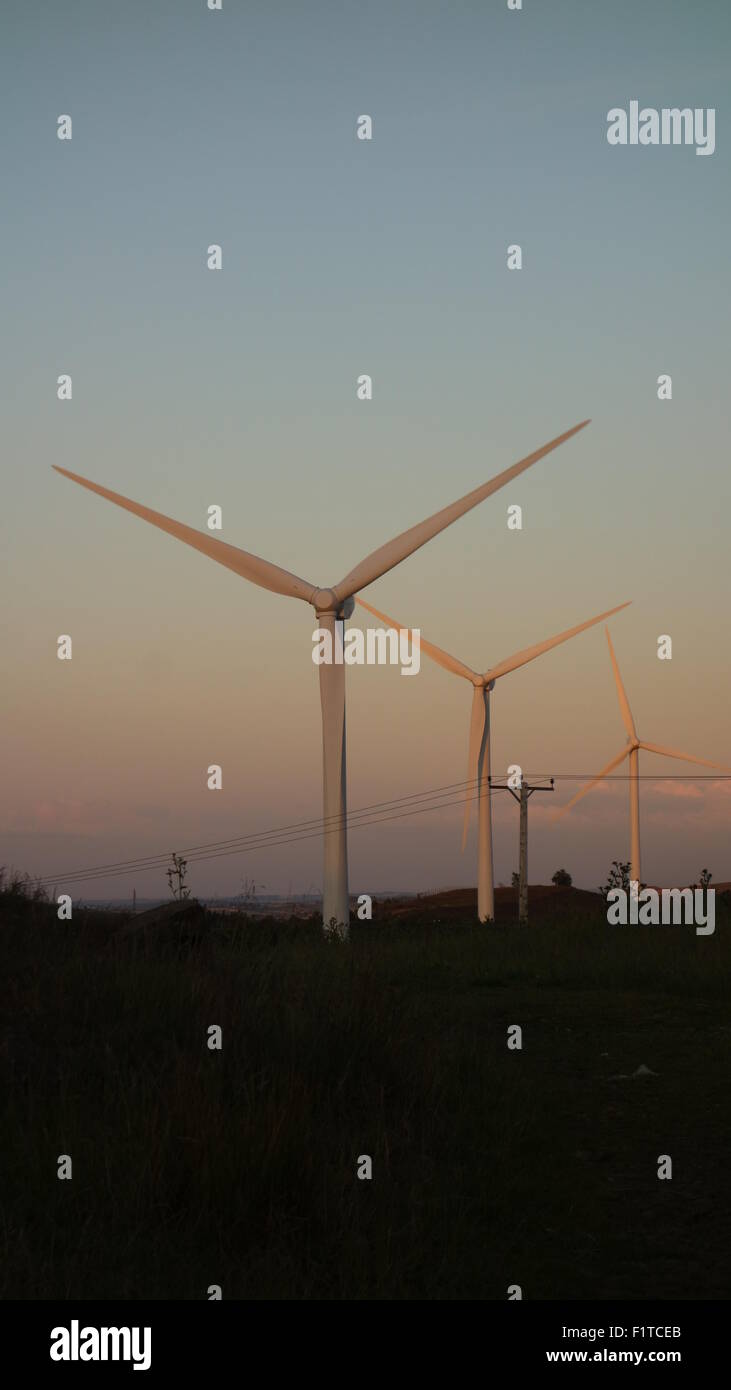 Windkraftanlagen in der Abenddämmerung Stockfoto