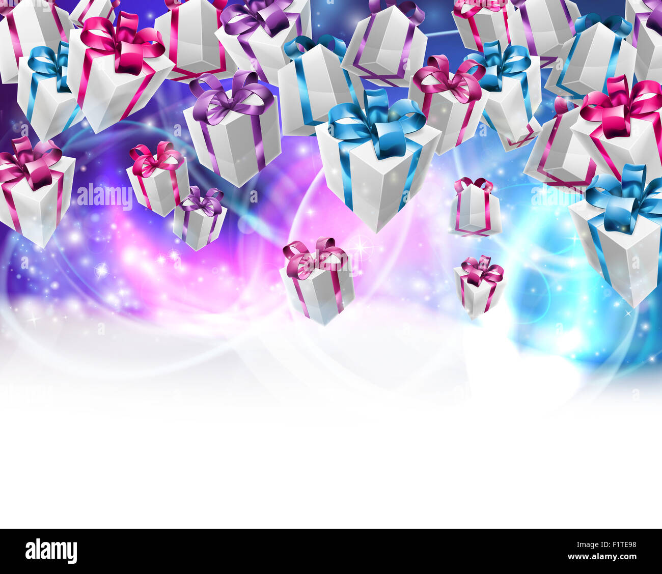 Abstrakten Geschenke oder Weihnachten oder Geburtstag Header lila-blauen Hintergrund präsentiert. Überblendungen in weiß auf der Unterseite für die einfache Nutzung als bor Stockfoto