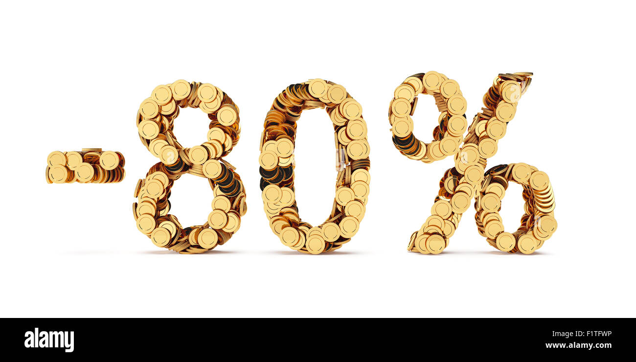 3D Rendering von 80 Prozent Preis abgeschnitten. Goldene Rabatt Münzen Buchstaben isoliert auf weißem Hintergrund Stockfoto