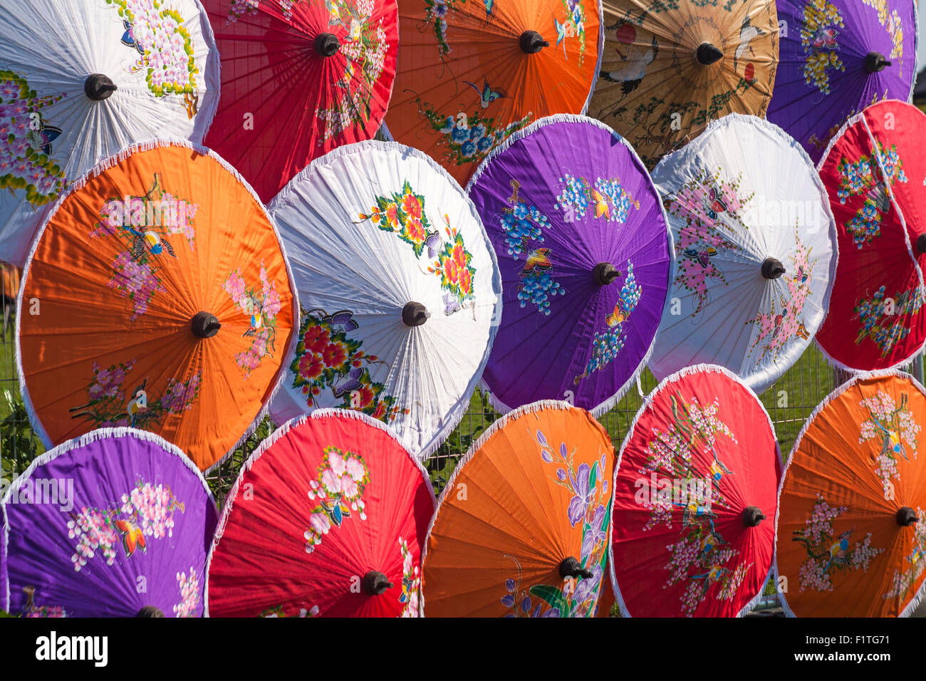 Reihen von bunten Sonnenschirmen auf dem Display an Thai Festival Poole, Dorset, UK im September Stockfoto
