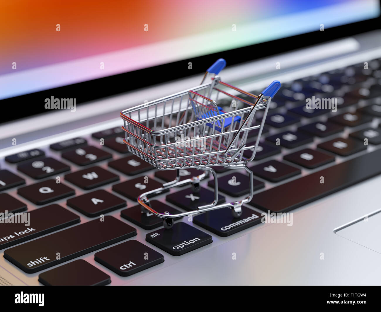 Abbildung des Internet-shopping und Online-Käufe Konzept, soft-Fokus-Ansicht des leeren Supermarkt-Einkaufswagen auf Computer l Stockfoto