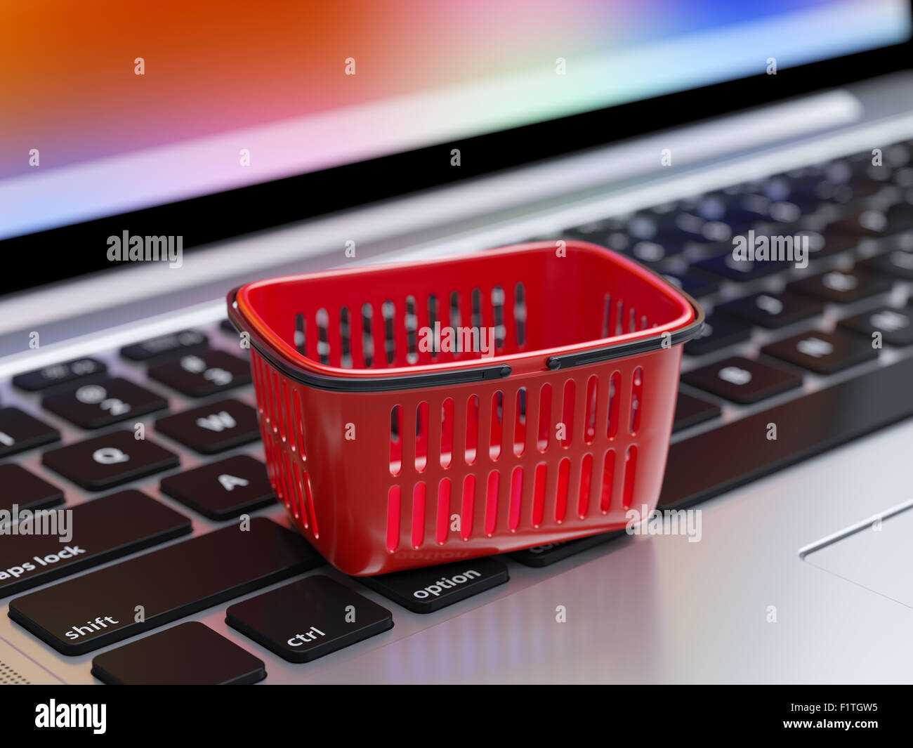 Abbildung des Internet-shopping und Online-Käufe Konzept, soft-Fokus-Ansicht des leeren Supermarkt-Einkaufswagen auf Computer l Stockfoto