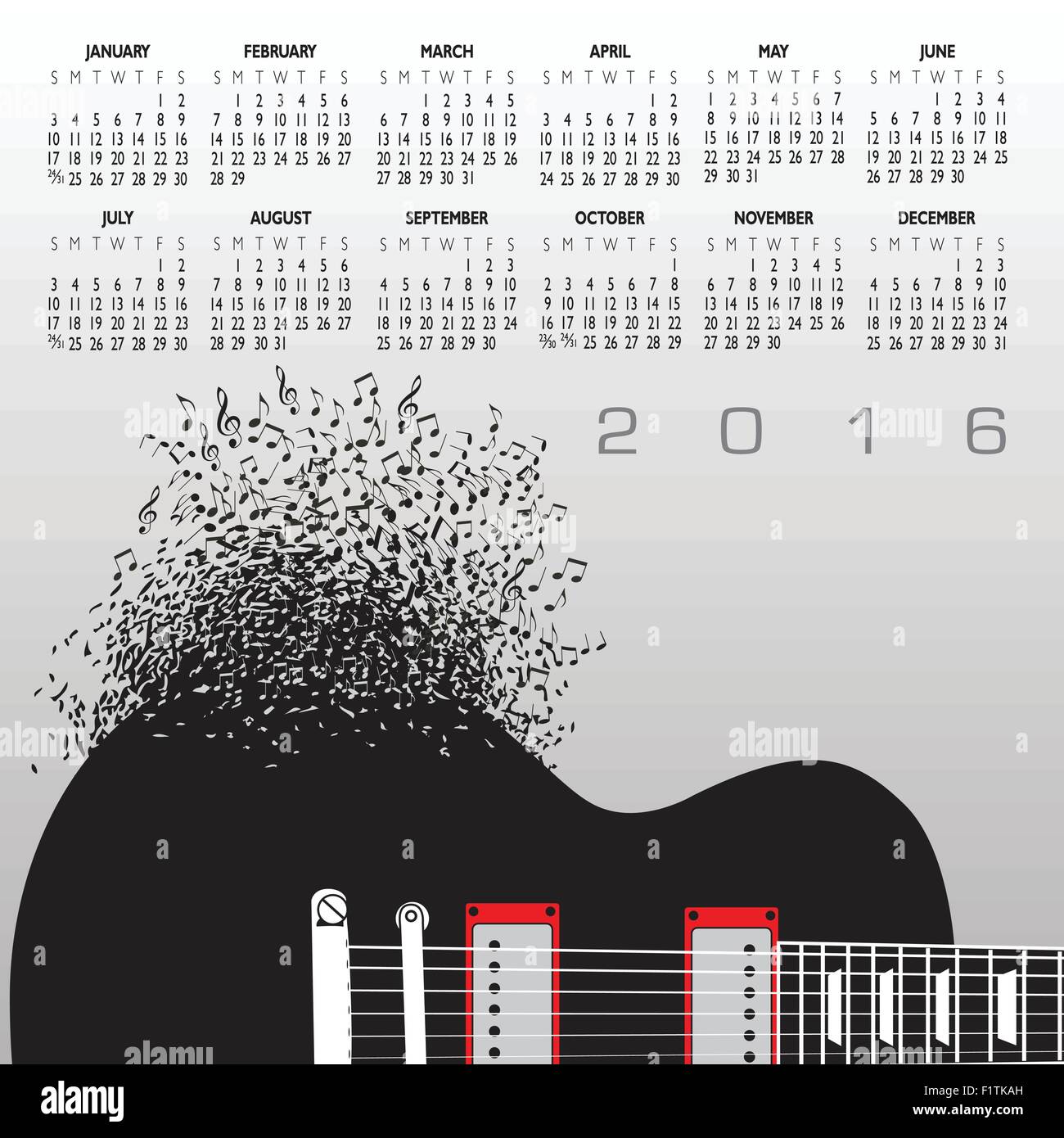 Musik-Kalender 2016 mit Noten für Print oder Web Stock Vektor