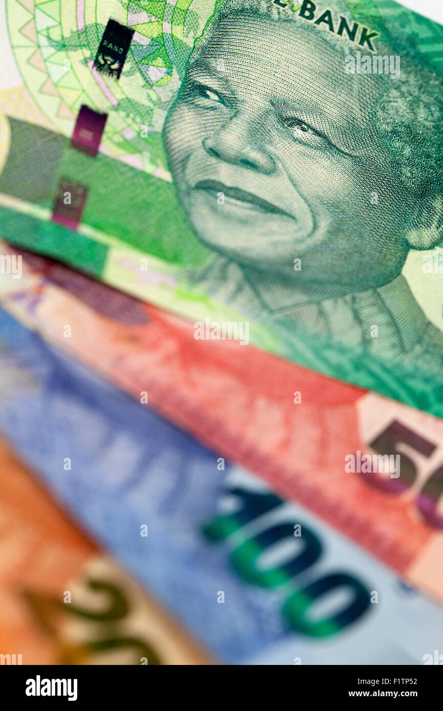 Nelson Mandela auf eine Auswahl von südafrikanischen Banknoten Stockfoto