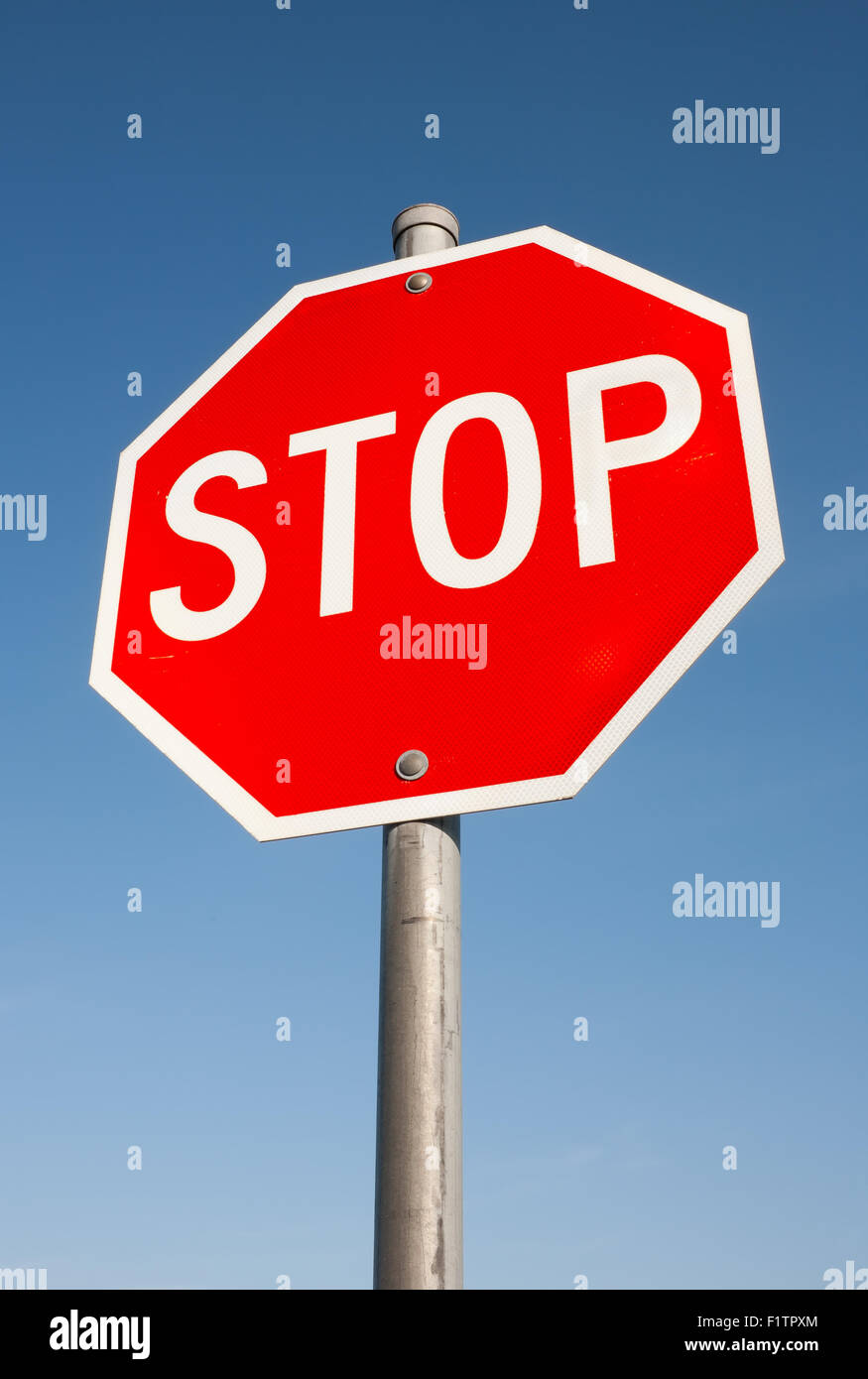 Vertikale Perspektive des Stop-Schild und blauer Himmel Stockfoto