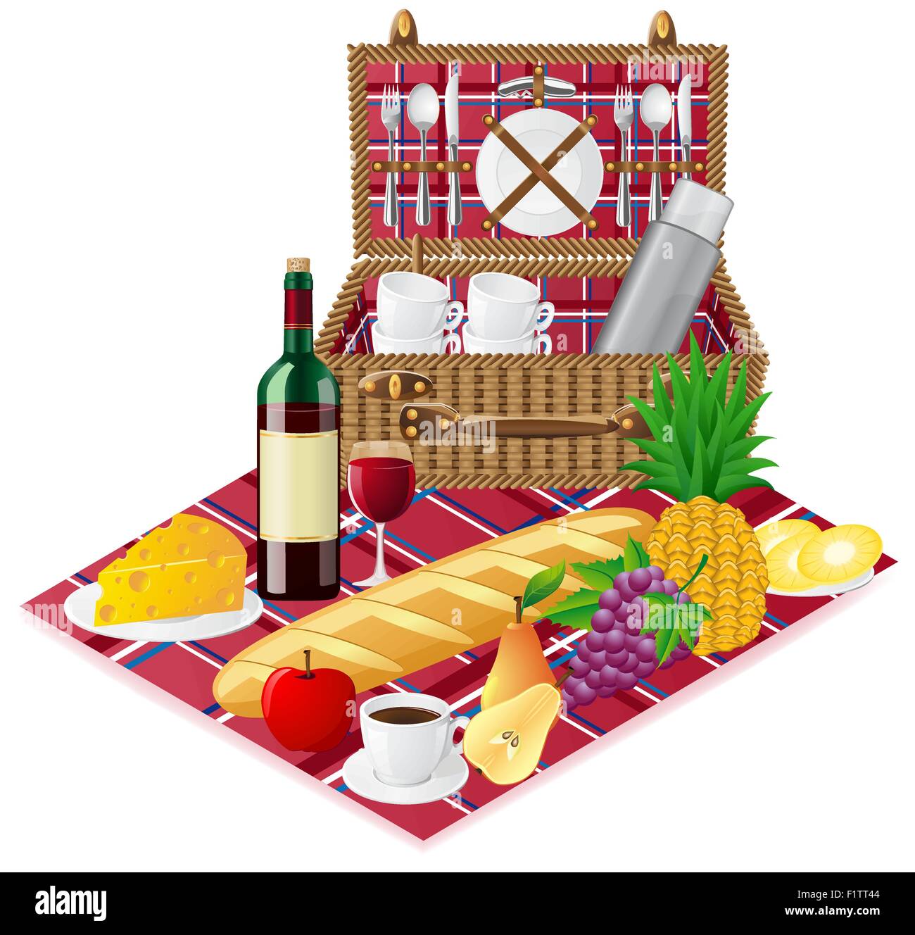 Korb für ein Picknick mit Geschirr und Lebensmittel Vektor-illustration Stock Vektor