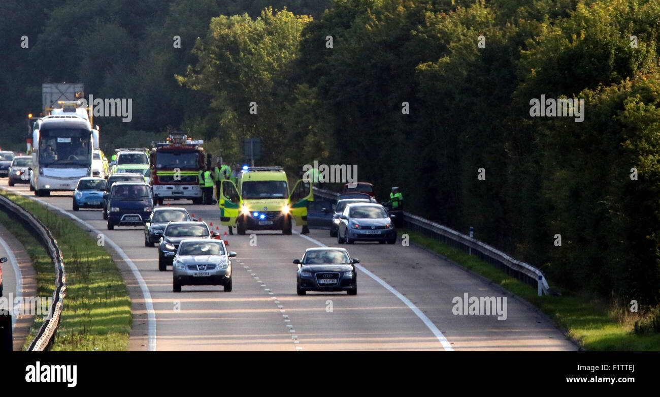 M3 in der Nähe von Winchester, UK. 7. September 2015.   M3 Hampshire, Polizei, Umgang mit einem "tödlichen Kollision" auf der M3 Richtung Norden zwischen den Anschlussstellen acht und neun Uhr Micheldever. Zwei Fahrzeug Bene beteiligt haben und man hat übrig Straße und am Ende oben im Baum hängenden in eine Autobahn-Schlucht. Ein Sprecher von Hampshire Constabulary sagte: "Wir tun mit einem ernsthaften Zusammenstoß auf der M3 in nördlicher Richtung am Micheldever führte zu einer der beiden Bahnen geschlossen hat, ist es wahrscheinlich auf diese Weise für einige Zeit bleiben. Bildnachweis: Jason Kay/Alamy Live News Stockfoto