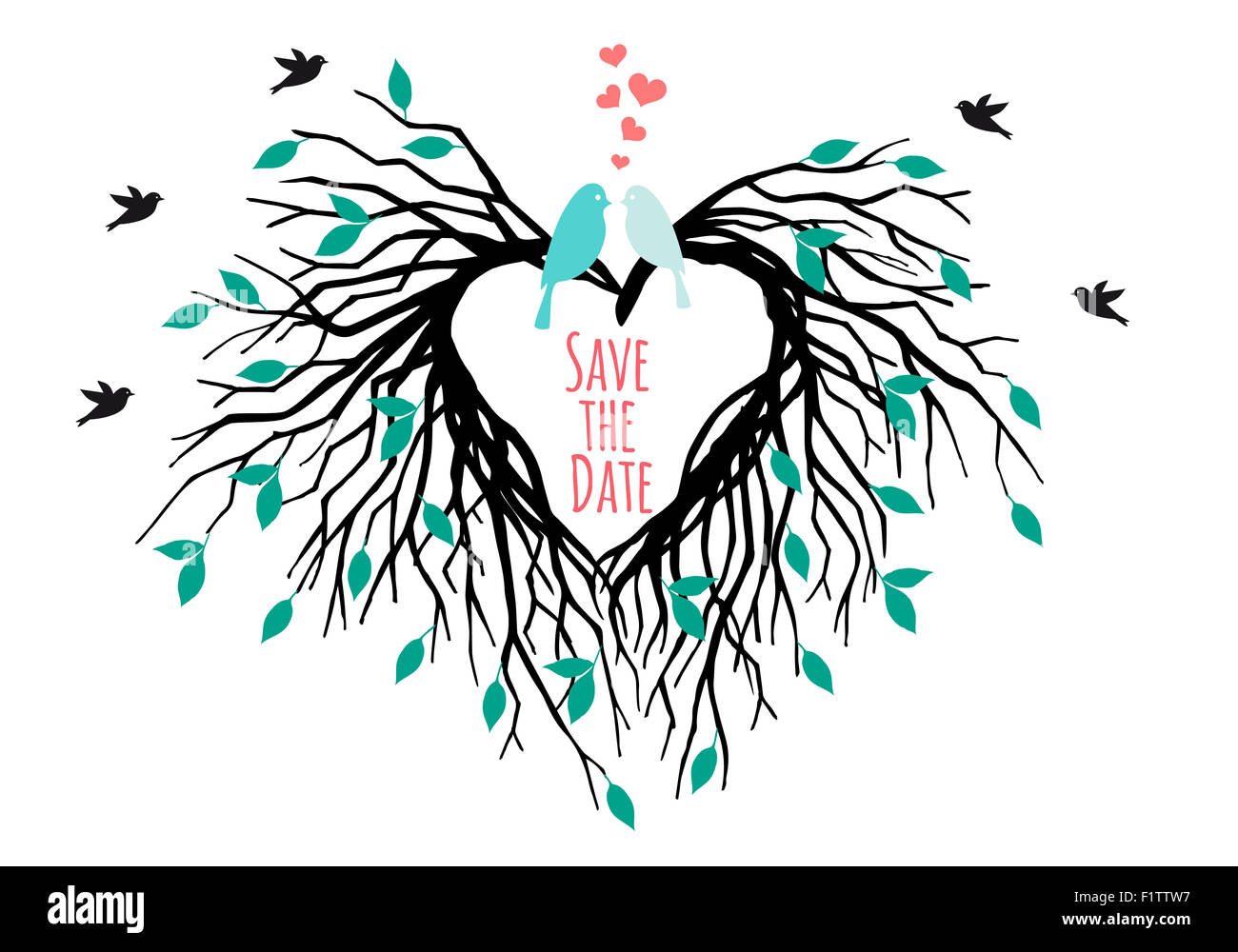 herzförmige Hochzeit Baum mit Vögel, vormerken, Vektor-illustration Stockfoto