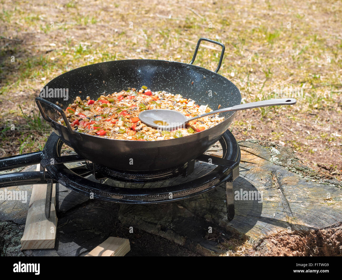 Coocking Eine vegetarische Paella im Picnic Stockfoto