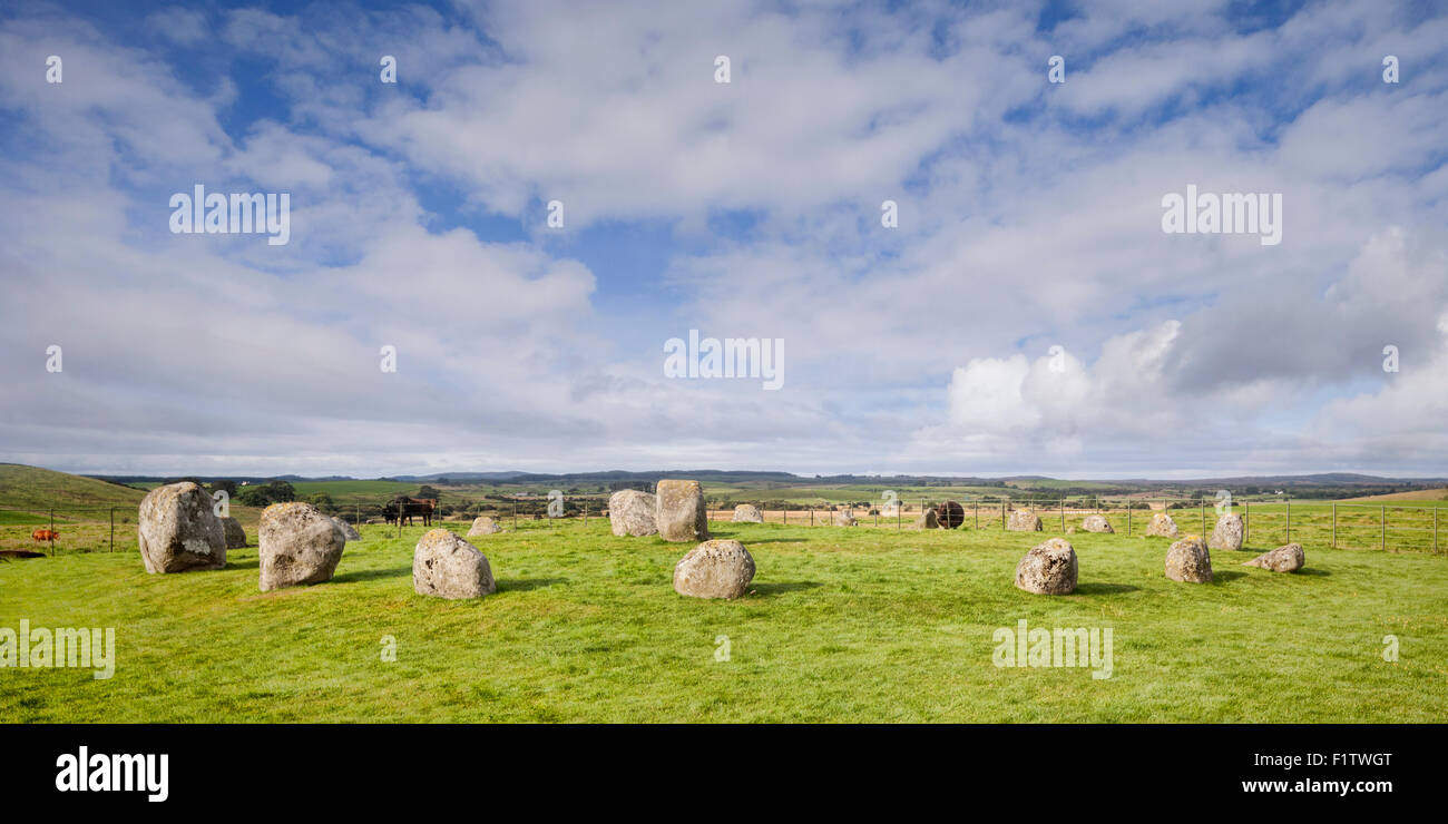 Panorama von Torhouse Steinen, ein Denkmal der Bronzezeit im Großraum Machars Wigtownshire, Schottland. Stockfoto