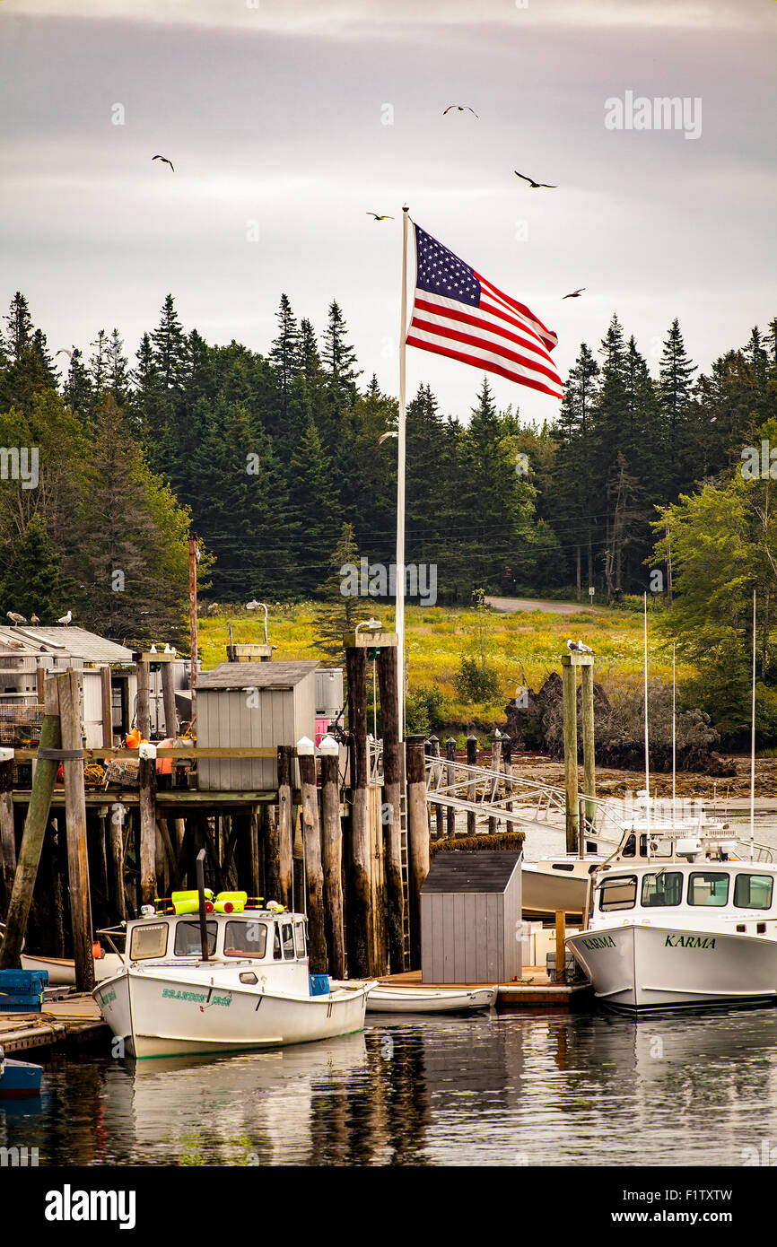 Seelandschaft von Fischerbooten und Dock an Owl es Head, Maine, USA. Stockfoto