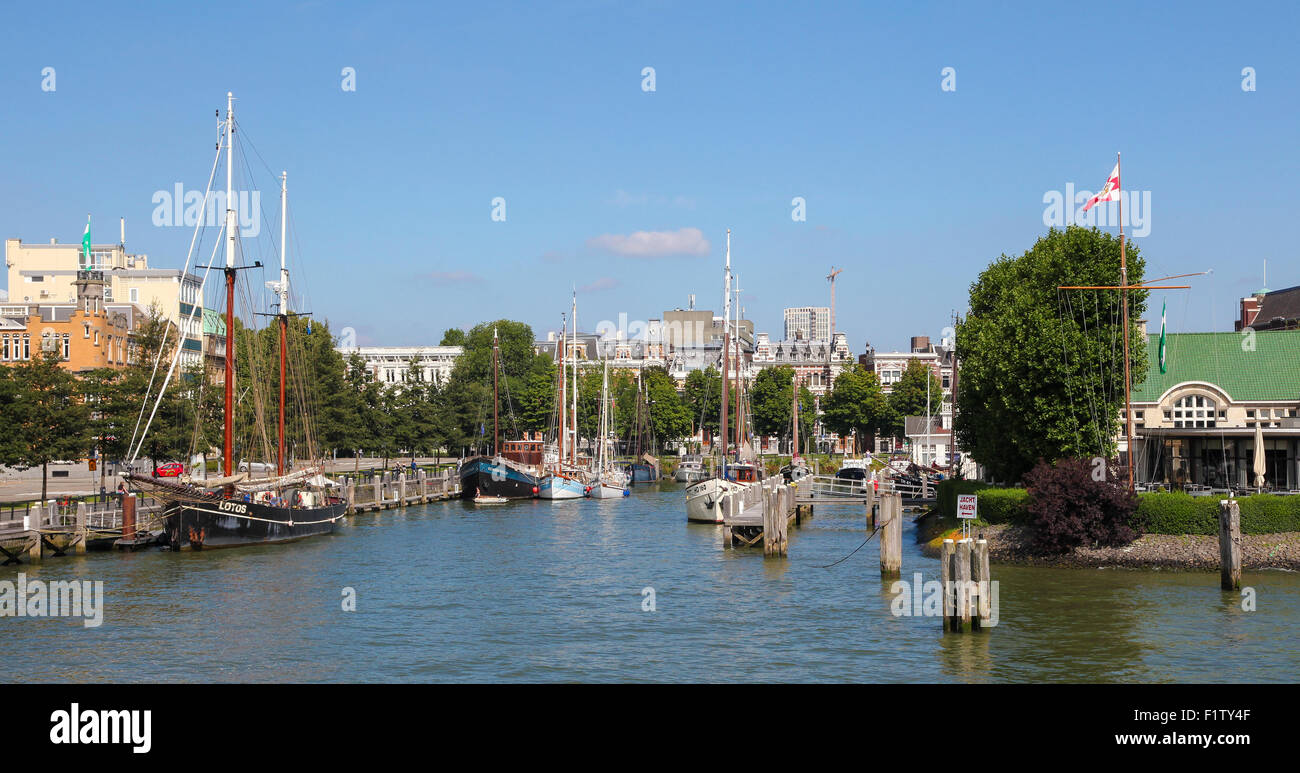 ROTTERDAM, Niederlande - 9. August 2015: Blick auf das Stadtzentrum durch die Nieuwe Maas in Rotterdam, Zuid-Holland, die niederl Stockfoto