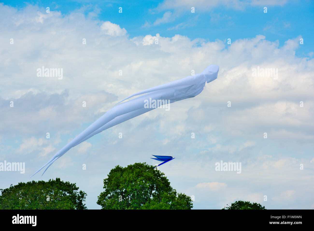 Spuk-Drachen fliegen über den Bäumen in Wolken, Bristol International Kite festival Stockfoto