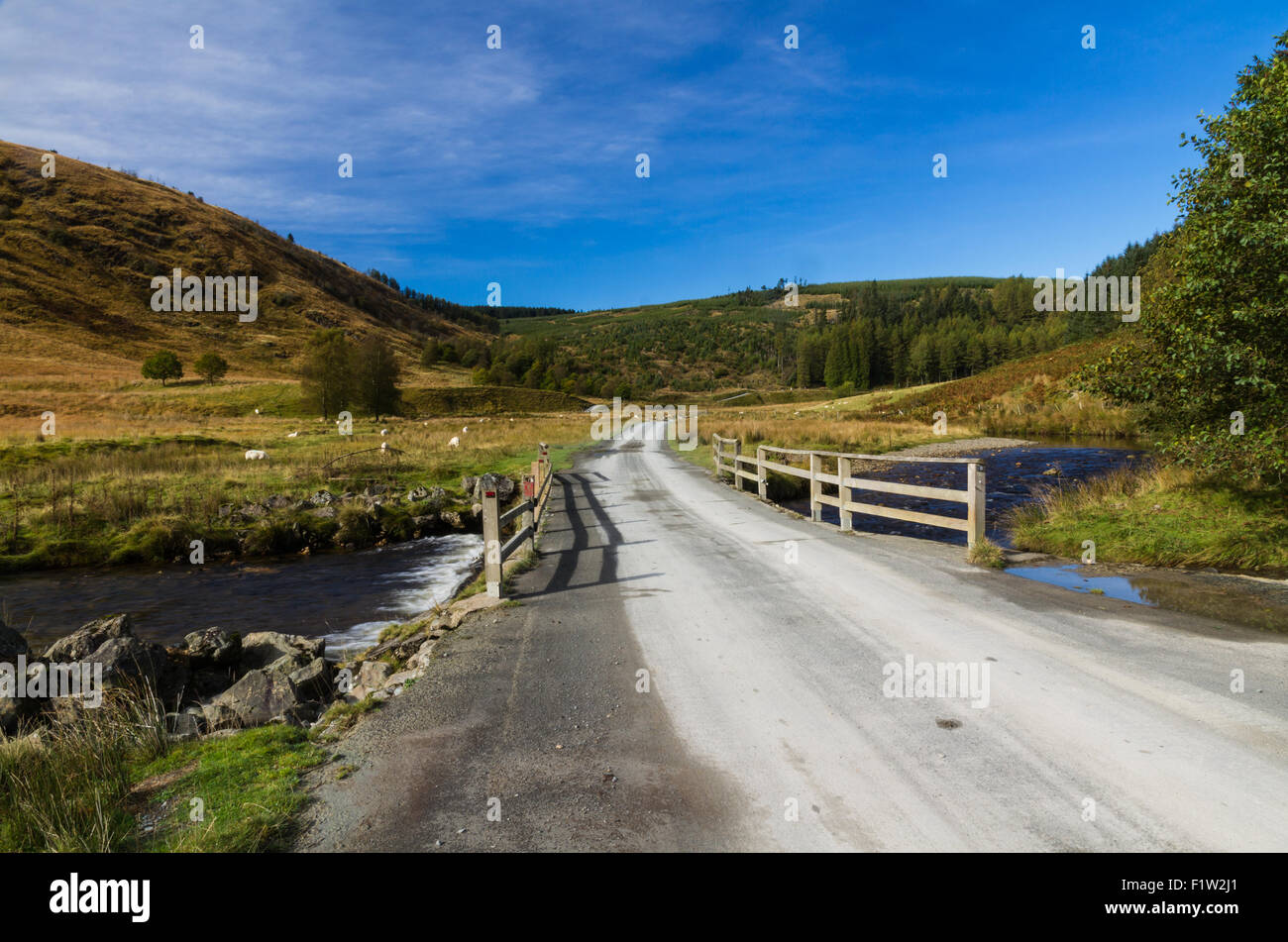 Straße der Abergwesyn Pass überqueren den Fluss Afon Irfon. Powys, Wales, Vereinigtes Königreich, Europa. Stockfoto