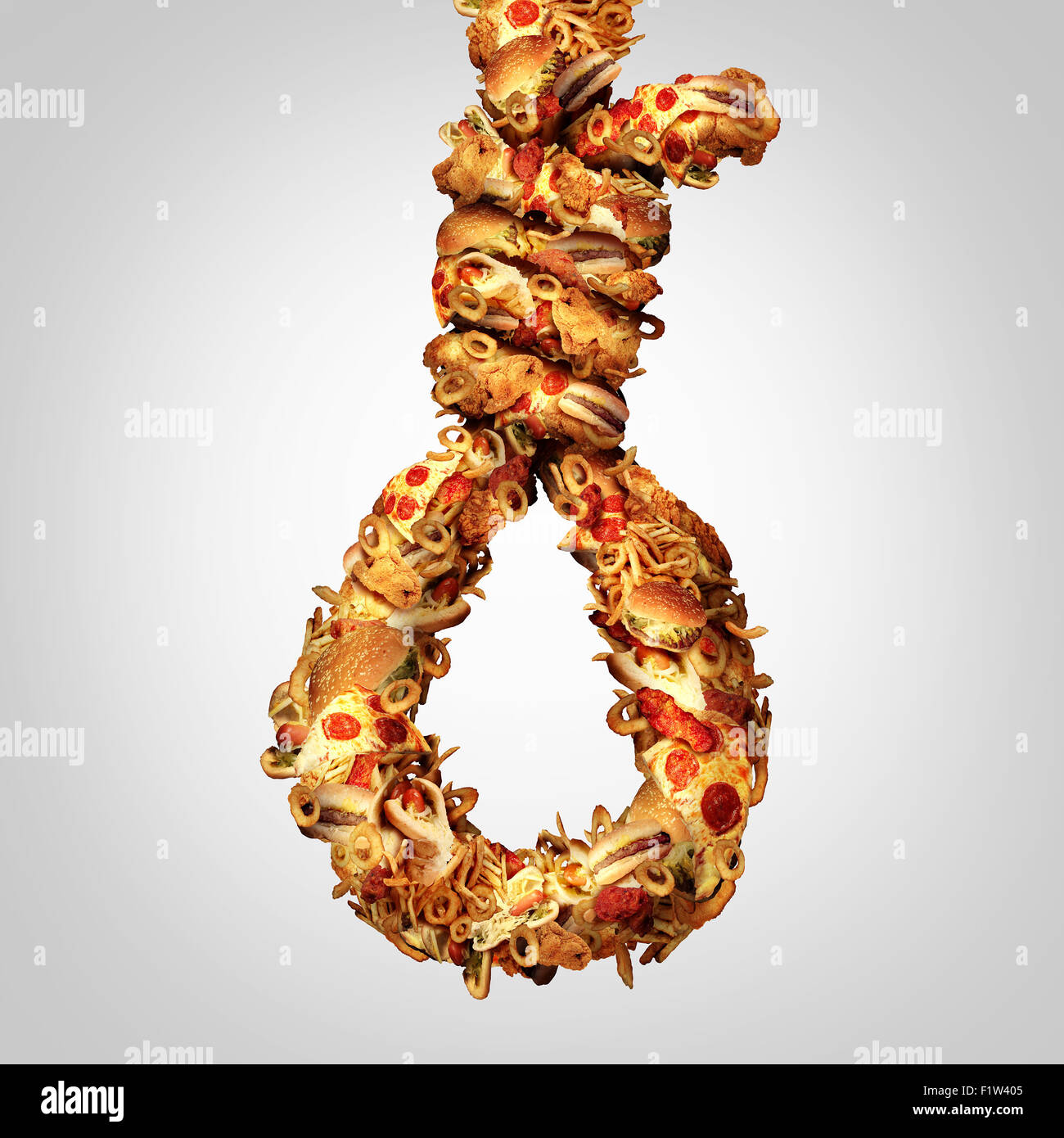 Diät-Schlinge-Konzept als eine Gruppe von fettiges Fastfood geformt wie ein Henker Seil als Symbol für Ernährung Cholesterin-Gefahr und eine Stockfoto