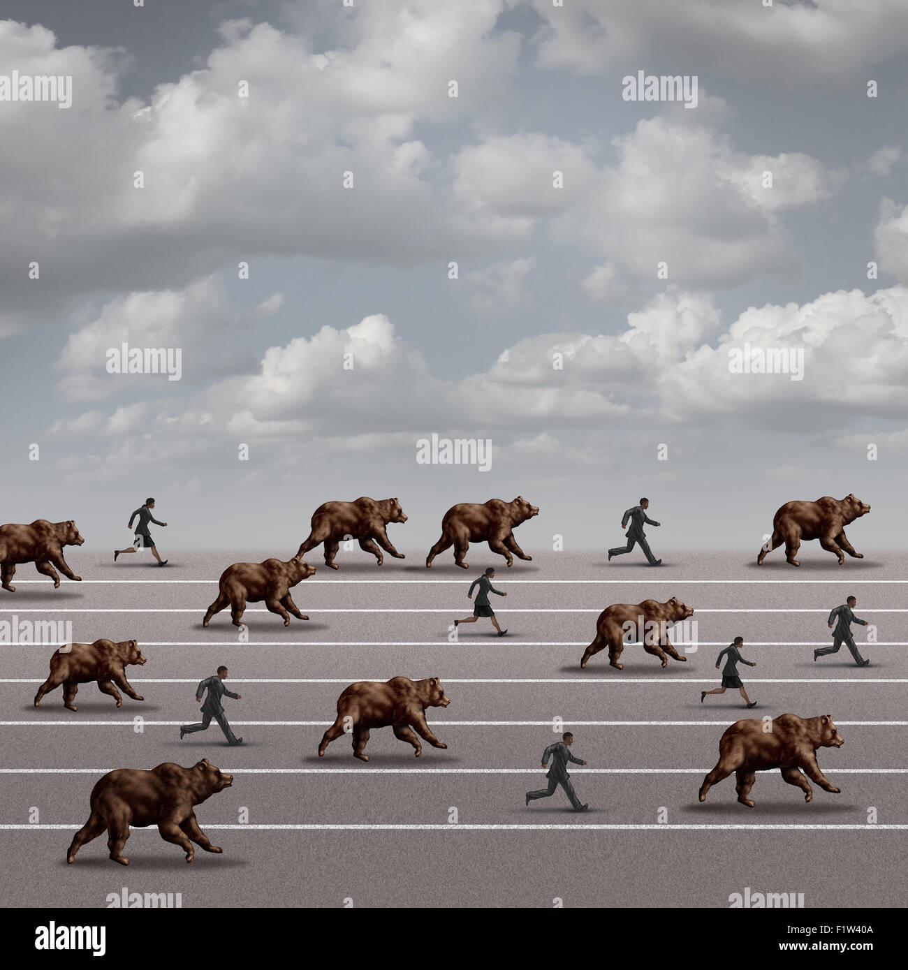 Bär Markt laufen Geschäftskonzept als Symbol für die Ablehnung der Börse Verlust und Wirtschaft Risiko als eine Gruppe von trägt racing und laden mit ängstliche Menschen als eine hörende Mentalität auf einer Rennstrecke ausgeführt. Stockfoto