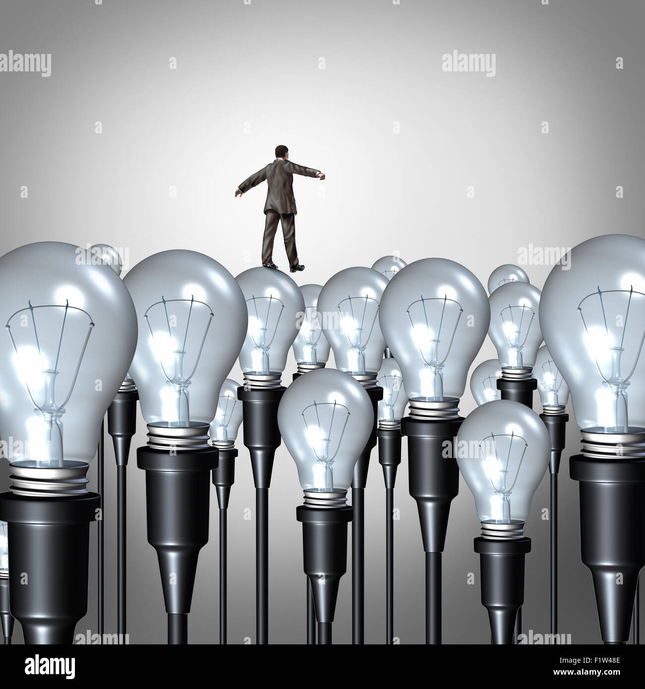 Kreativität-Management Konzept und Business Idee Herausforderung Symbol als zu Fuß vorsichtig auf eine Gruppe von Glühbirnen als Geschäftsmann Stockfoto