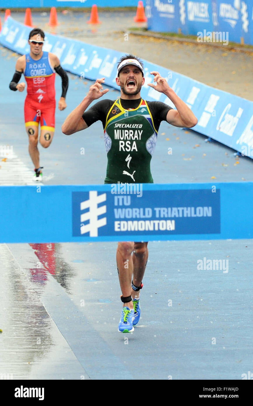 Edmonton, Kanada. 7. September 2015. Richard Murrey und Javier Gamez Noya nehmen an ITU WTS Edmonton 2015 Elite Männer Teil. ITU World Triathlon Serie. 7. September 2015. Edmonton, Alberta, Kanada. Bildnachweis: Anatoliy Tscherkasow/Alamy Live-Nachrichten Stockfoto