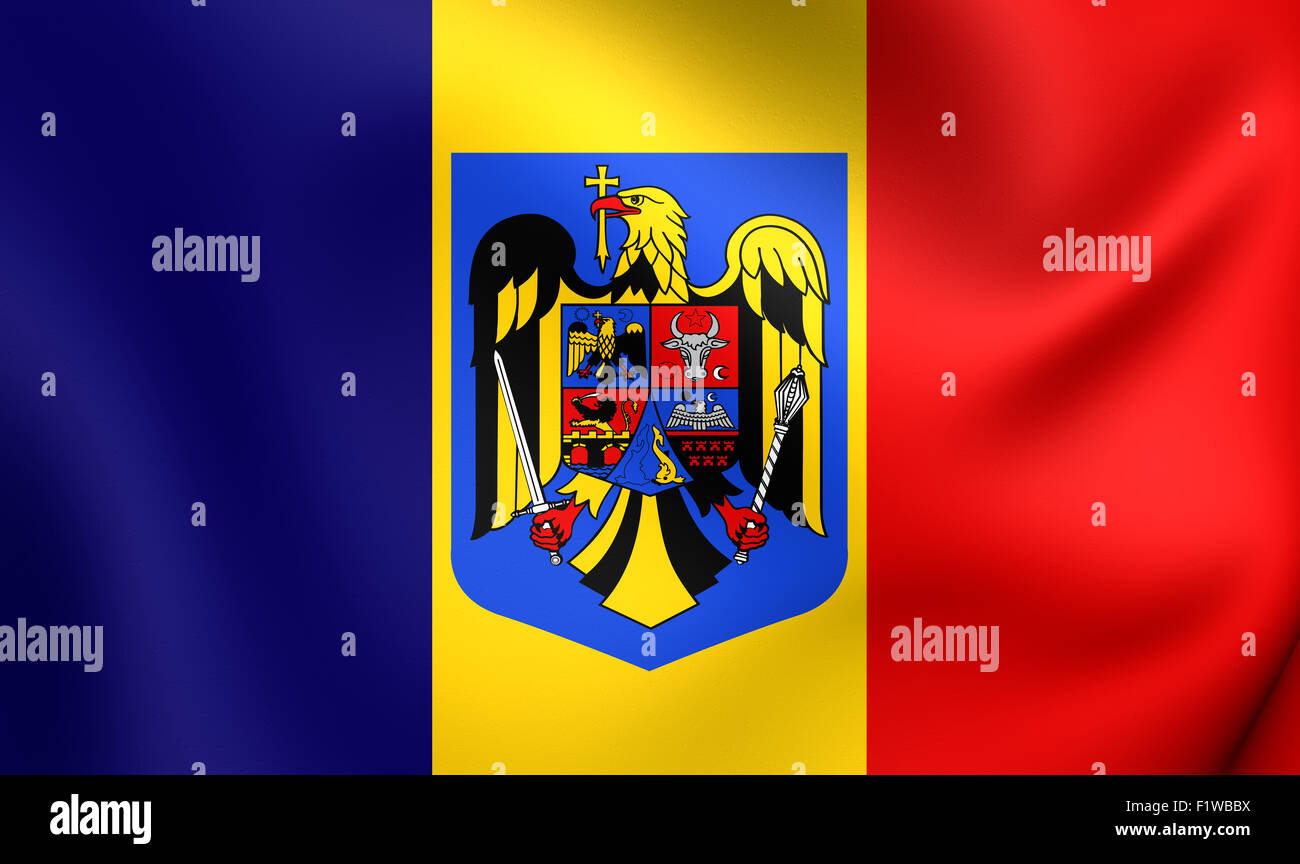 3D Flagge des Rumäniens. Hautnah. Stockfoto