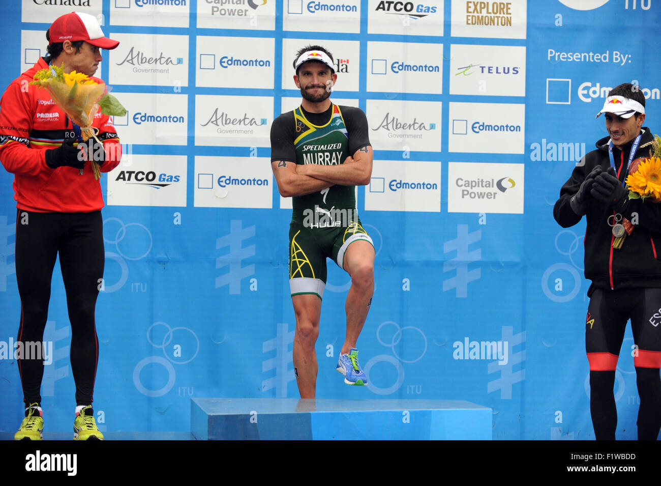 Edmonton, Kanada. 7. September 2015. Javier Gamez Noya, Richard Murrey und Mario Mola in ITU WTS Edmonton 2015 Elite Männer auf dem Podium. ITU World Triathlon Serie. 7. September 2015. Edmonton, Alberta, Kanada. Bildnachweis: Anatoliy Tscherkasow/Alamy Live-Nachrichten Stockfoto