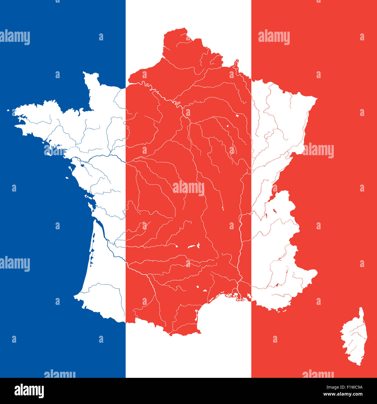 Der Umriß von Frankreich mit Flüssen auf die französische Flagge. Stockfoto