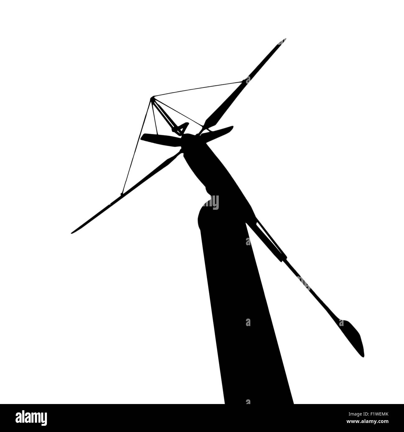 Silhouette der Windkraftanlage für erneuerbare Energien isoliert auf weißem Hintergrund Stockfoto